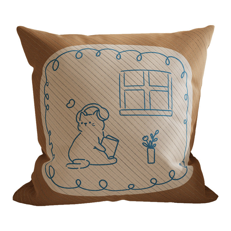 Square Cotton-Linen Decorative Throw Pillow Cover with Minimalist Reading Cat Line Art and Hidden Zipper