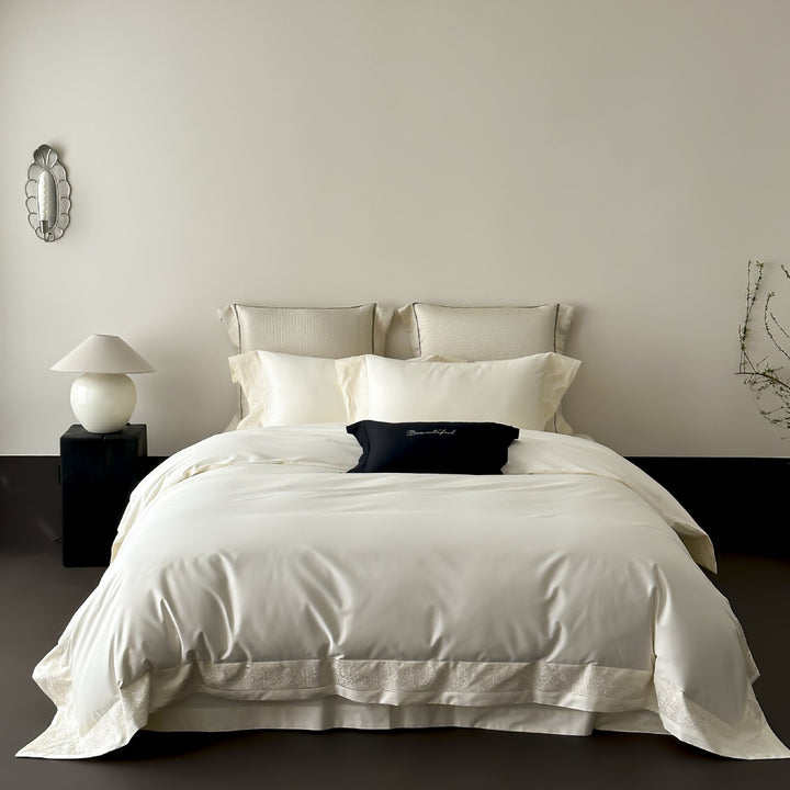 Luxuriöses Satin-Feeling Wendebettbezug-Set mit gesticktem Saum und Kissenbezügen