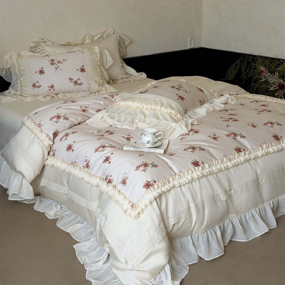 Vintage-Rosen-Druck Rüschensatin Steppbettbezug Ensemble