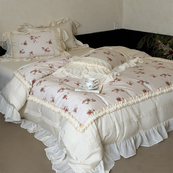 Vintage-Rosen-Druck Rüschensatin Steppbettbezug Ensemble