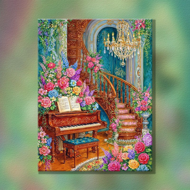 Elegante Blumen Klavier Szene Wandkunst Karnz