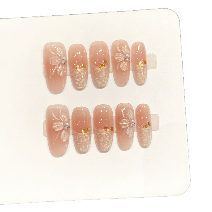 Floral Design Press-On Nail Art Set mit dekorativen Perlen und Edelsteinen