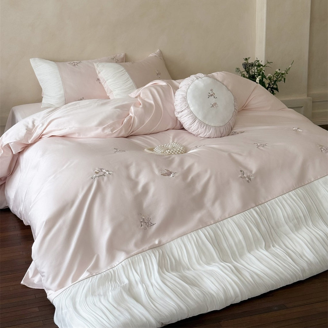 Besticktes romantisches plissiertes Baumwollsatin Bettbezug-Set