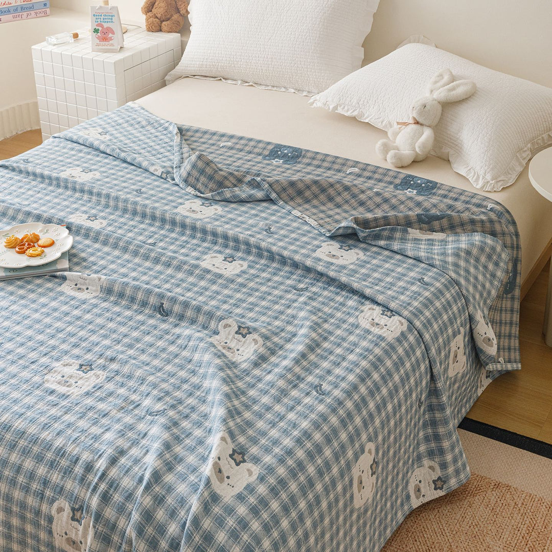 Leichte Wendbare Musselin-Decke für Kinderbett mit kariertem Muster und niedlichen Bärenapplikationen