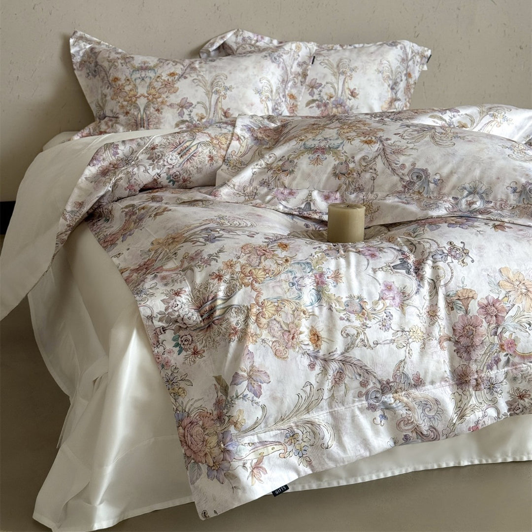 Umkehrbare Baumwollsatin Bettbezugset mit Vintage Aquarell Scroll Blumenmuster