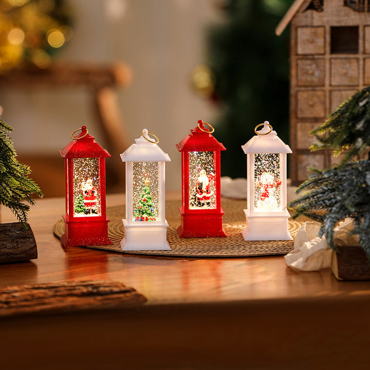 Beleuchtete Weihnachtslaterne mit glitzerndem Schneemann-Szenario Karnz