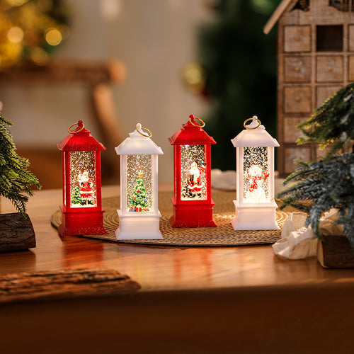 Beleuchtete Weihnachtslaterne mit glitzerndem Schneemann-Szenario Karnz