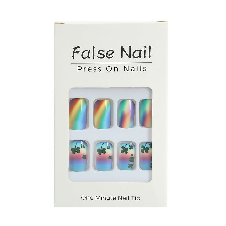 Kunstnägel mit bunten Regenbogen- und Kleeblatt-Designs Karnz