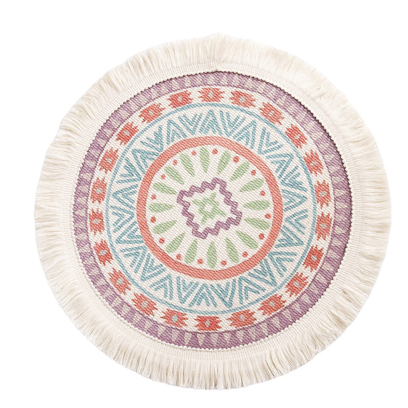 Runder flachgewebter Baumwoll-Teppich mit Mandala-Motiv und dekorativen Fransen Karnz