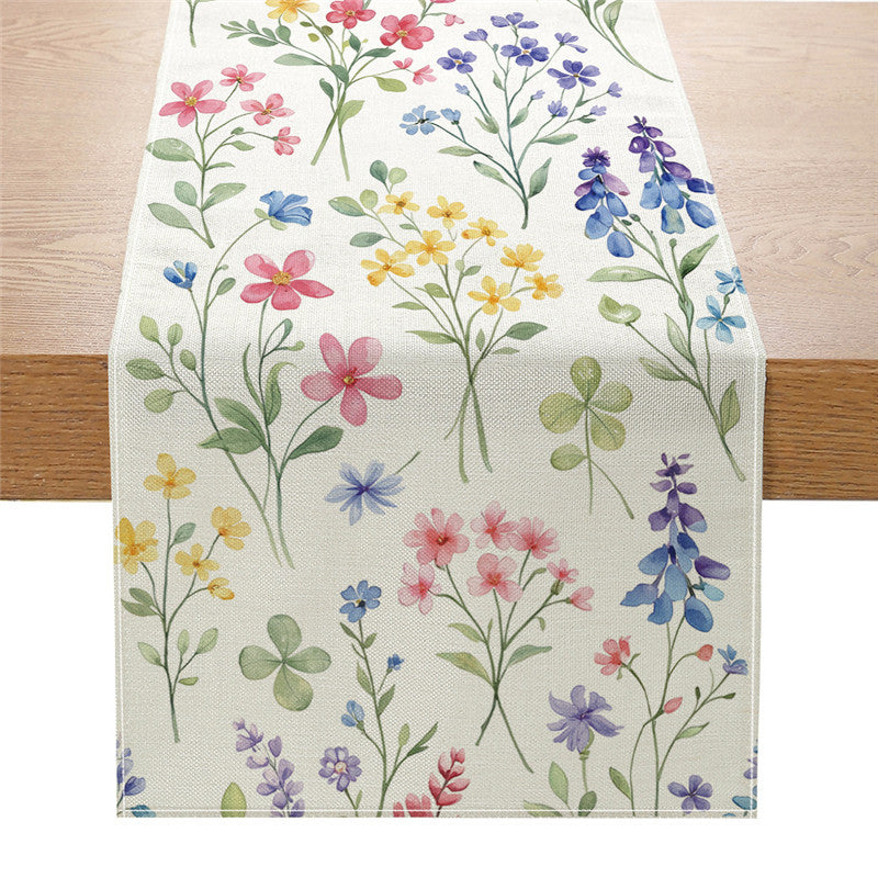 Dekorativer Leinenmischstoff-Tischläufer mit Aquarellblumen-Cascade und geometrischer Bordüre