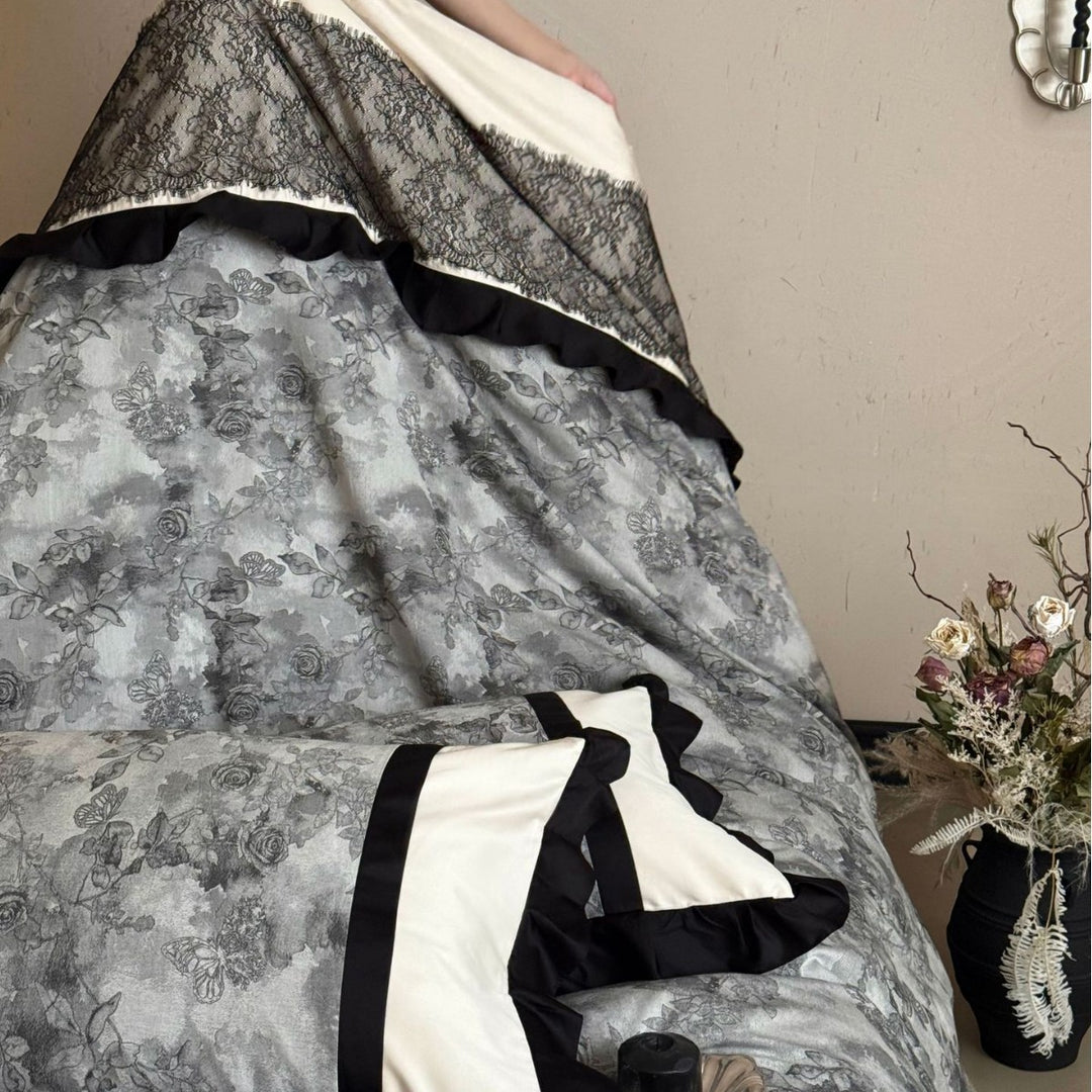 Elegantes Satin-Mischgewebe Bettwäsche Set mit Rüschensaum, Spitze Applikationsband & Wendbarem Botanischem Druck Kissenbezügen