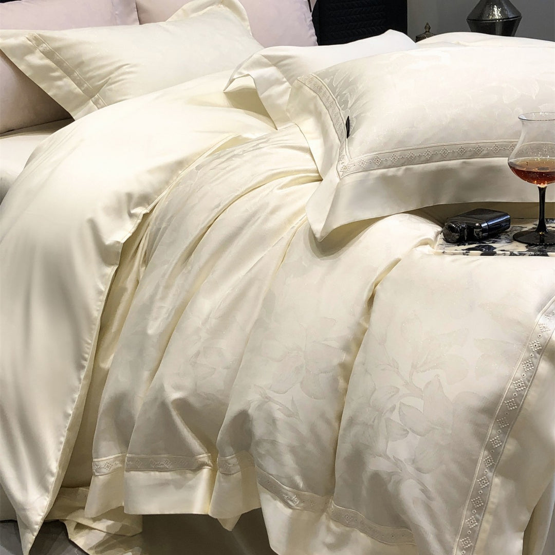 Premium Floral Jacquard Sateen Bettbezug Set mit besticktem Saum