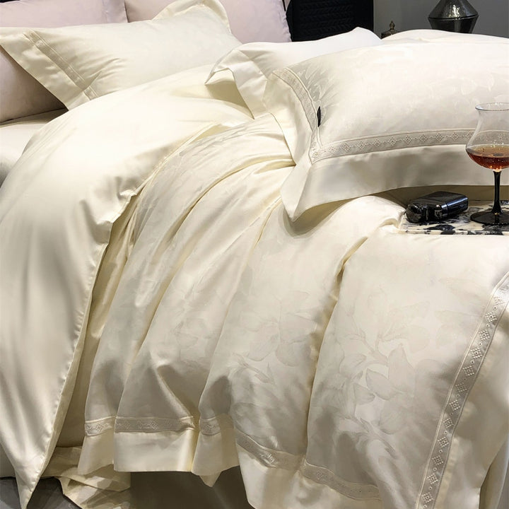 Premium Floral Jacquard Sateen Bettbezug Set mit besticktem Saum