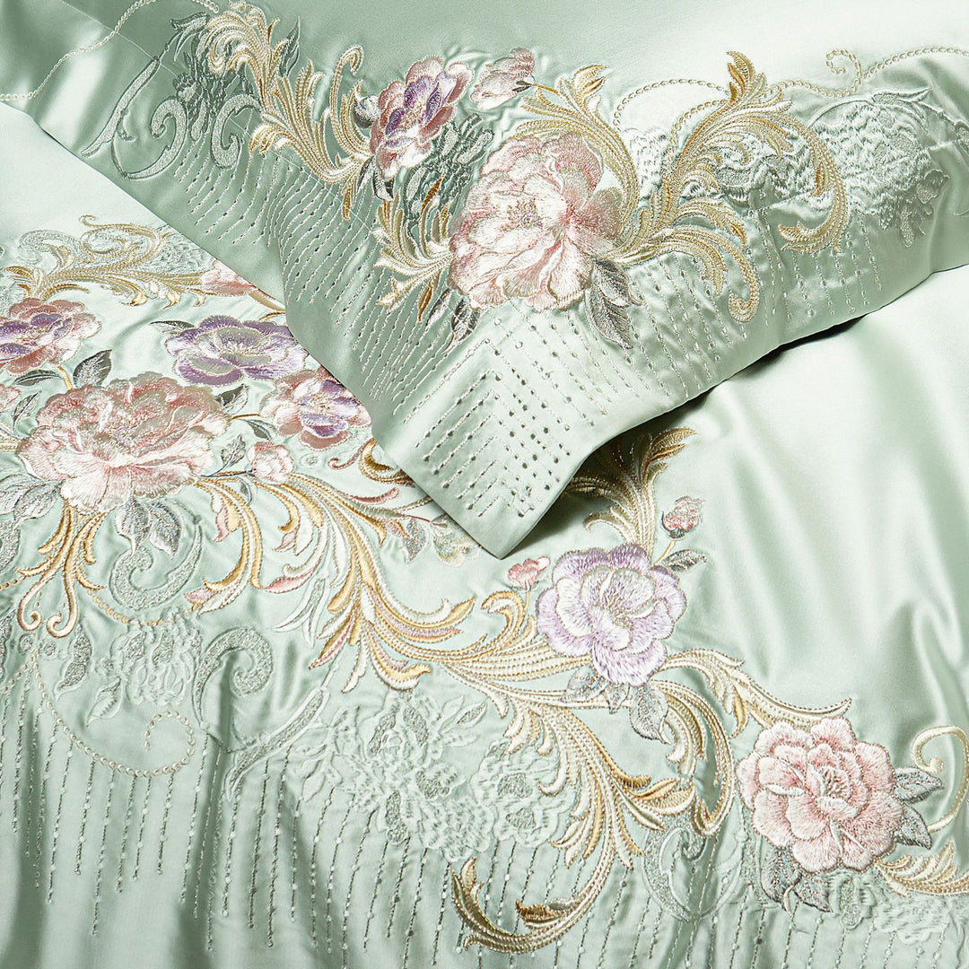 Seidenlook botanisch gestickte Bettdeckenbezug Ensemble mit dekorativem Kissen und Euro Kissenbezügen