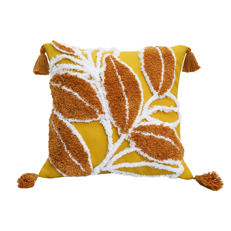 Quadratischer Kissenbezug mit reliefiertem Blatt‑Tufting und Chenille‑Applikation Karnz