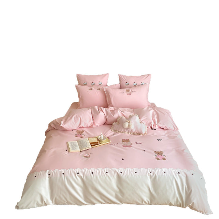 Kinder gestickte Teddy Baumwoll-Mischung Bettwäsche Set mit gewelltem Rand & Pom-Pom Wolkenkissen
