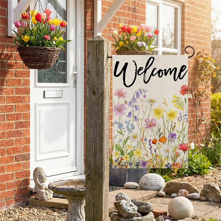 Dekorative Jute-Textur Willkommen Gartenflagge mit Blumenkorb-Illustration
