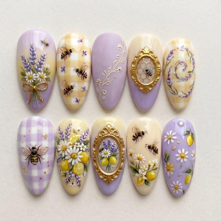 Künstlerisches, von Blumen und Bienen inspiriertes Press-On-Nagelset