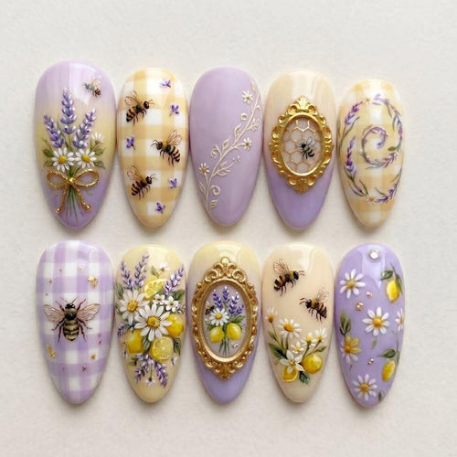 Künstlerisches, von Blumen und Bienen inspiriertes Press-On-Nagelset