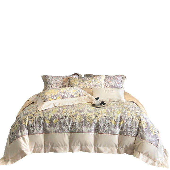Luxuriöse Baumwollsatin-Bettwäschegarnitur mit floralem Print, Volant-Bettrock und Kissenbezügen