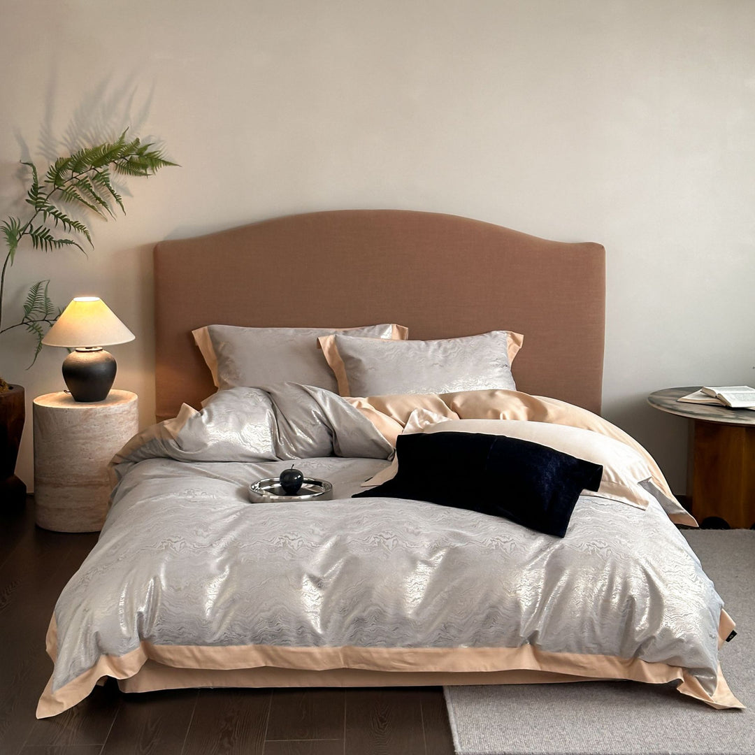 Elegantes Wendbares Bettbezug- und Kissenbezug-Set mit Jacquard-Blütenpanel und feiner Steppkante