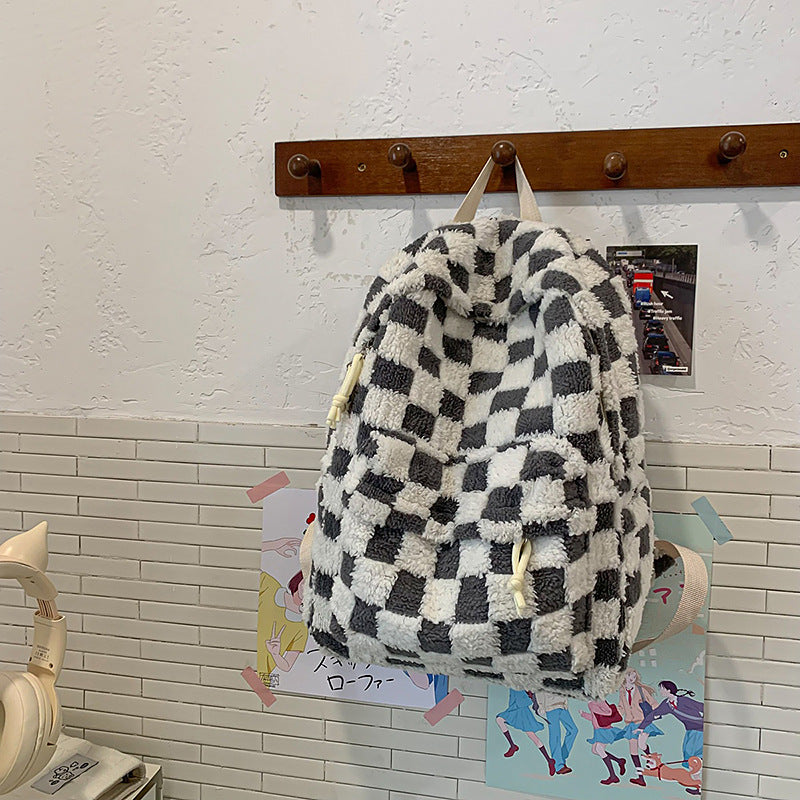 Weiche Plüschkariert Muster Rucksack
