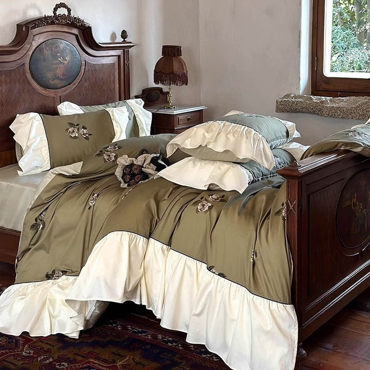 Rüsch Satin-Feel Bestickte Bettbezug-Set mit Dekorativem Rüschensaum