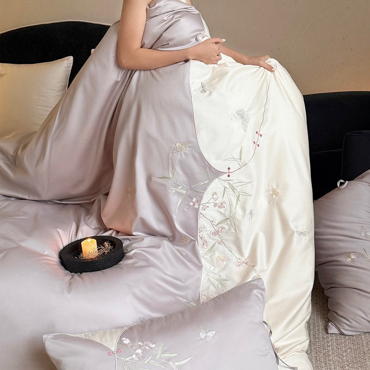 Bestickte Satin-feel Baumwollsatin Bettbezug Bettwäsche Set mit dekorativen Kissenbezügen