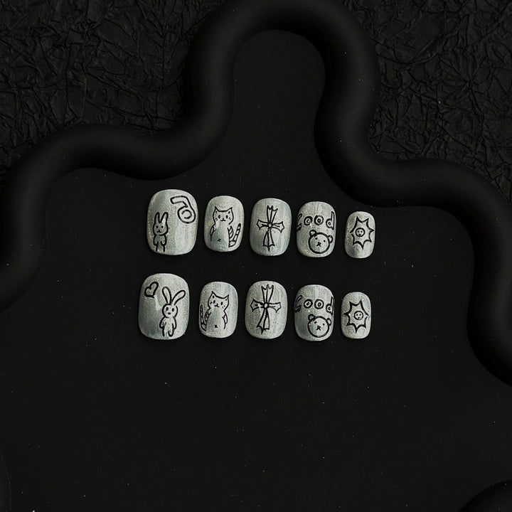 Verspieltes illustriertes Press-On-Nagelkunst-Set