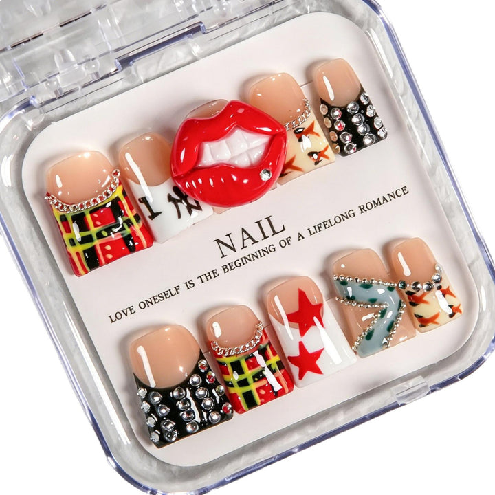 Künstlerisches Press-On-Nagelset mit lustigen Designs
