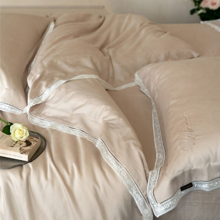 Luxus Baumwollsatin Bettbezugset mit besticktem Spitzenrand