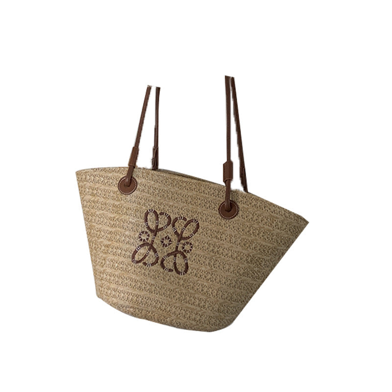 Damen Elegante Handtasche aus geflochtenem Naturmaterial mit luxuriösen Ledergriffen Karnz