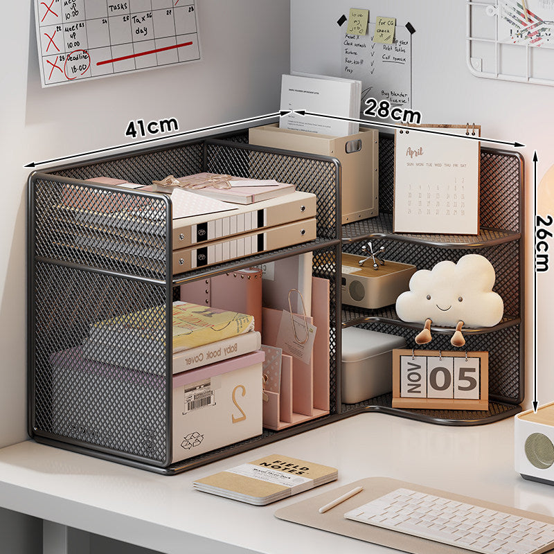 Eckiger Metallnetz-Multilevel-Schreibtisch-Organizer mit Fächer für Akten und Zubehör