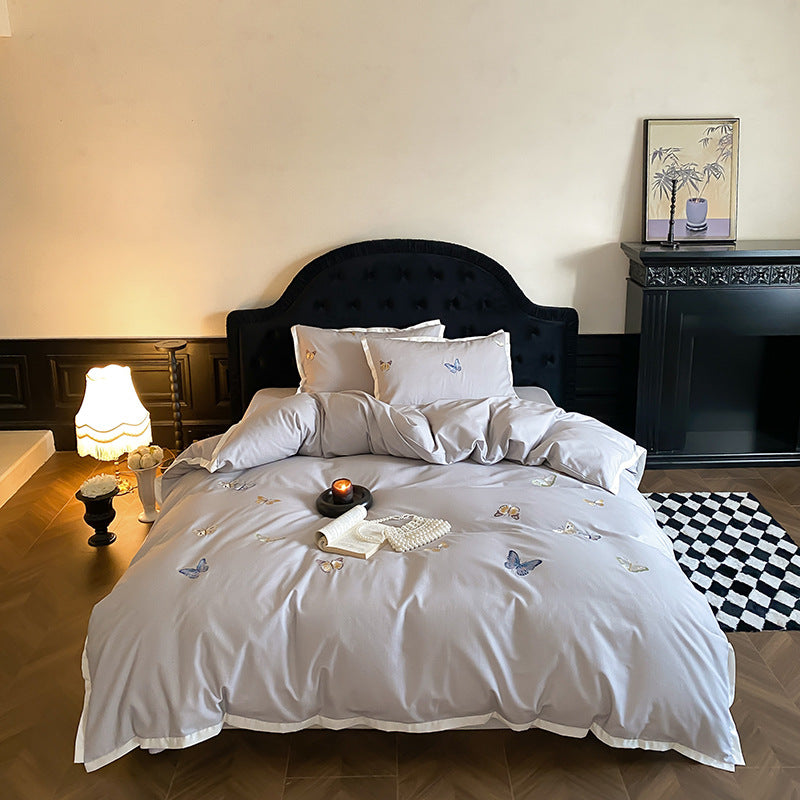 Luxuriös besticktes Schmetterling Baumwollsateen Bettbezug Set