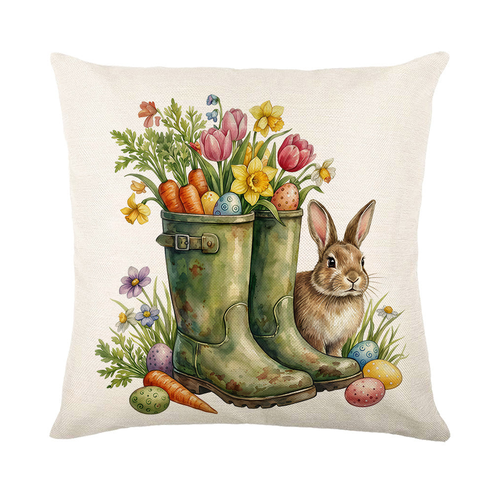 Oster Garten Aquarell Hase Stiefel Illustriert Leinen-Textur Quadrat Wurfkissenbezug