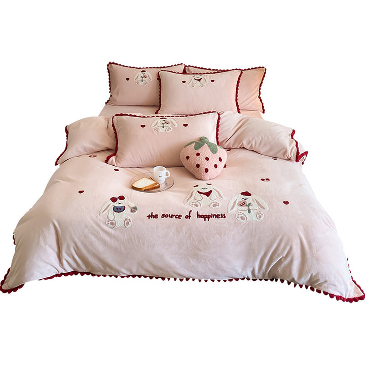 Plüschgestepptes Kaninchen Bettbezug-Set mit Pompon-Saum
