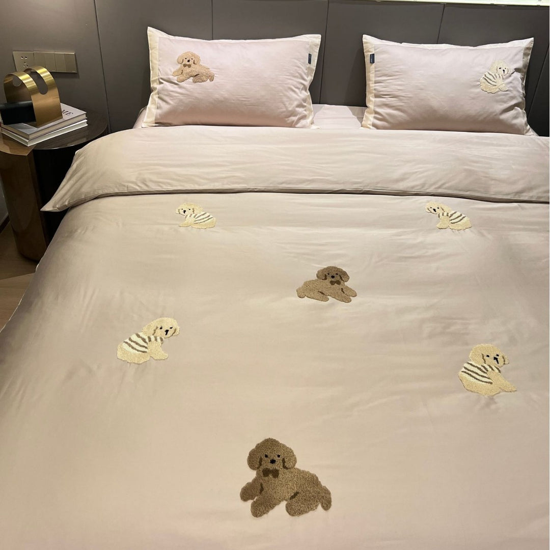 Gesticktes Plüsch Teddy Satin Bettbezug Set mit Kissenbezügen