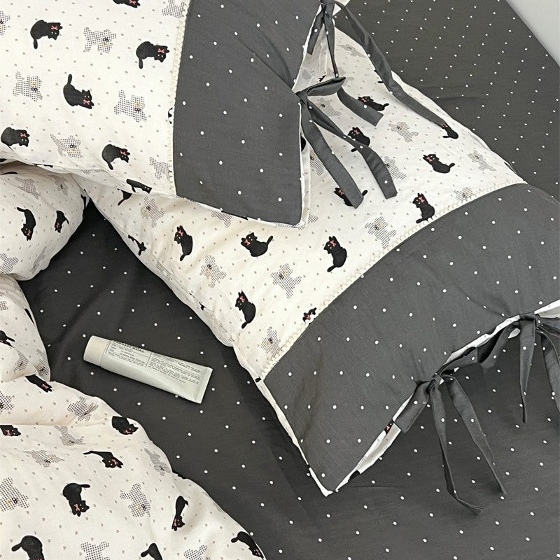 Baumwolle Babybett Stoßstange und Bettbezug Set mit Katzenmuster Bindeschluss