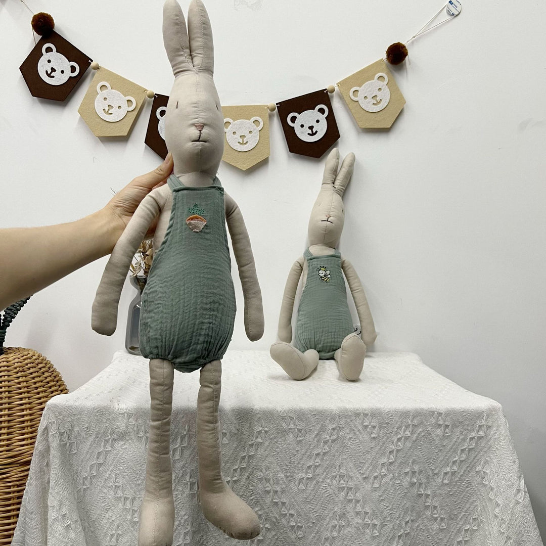 Oversized Leinen-Mischung Langbeiniger Bunny Puppe mit besticktem Musselin Overall