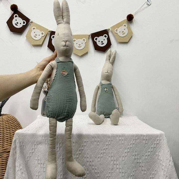 Oversized Leinen-Mischung Langbeiniger Bunny Puppe mit besticktem Musselin Overall