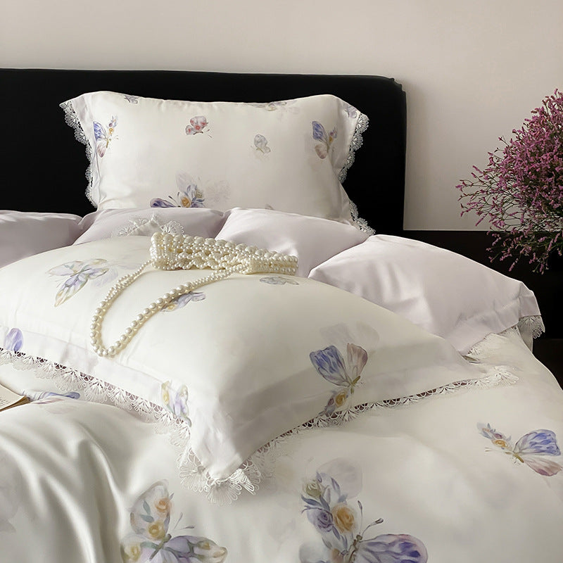 Bettwäsche-Set aus Satin mit Schmetterlingsmuster und Spitzenrand