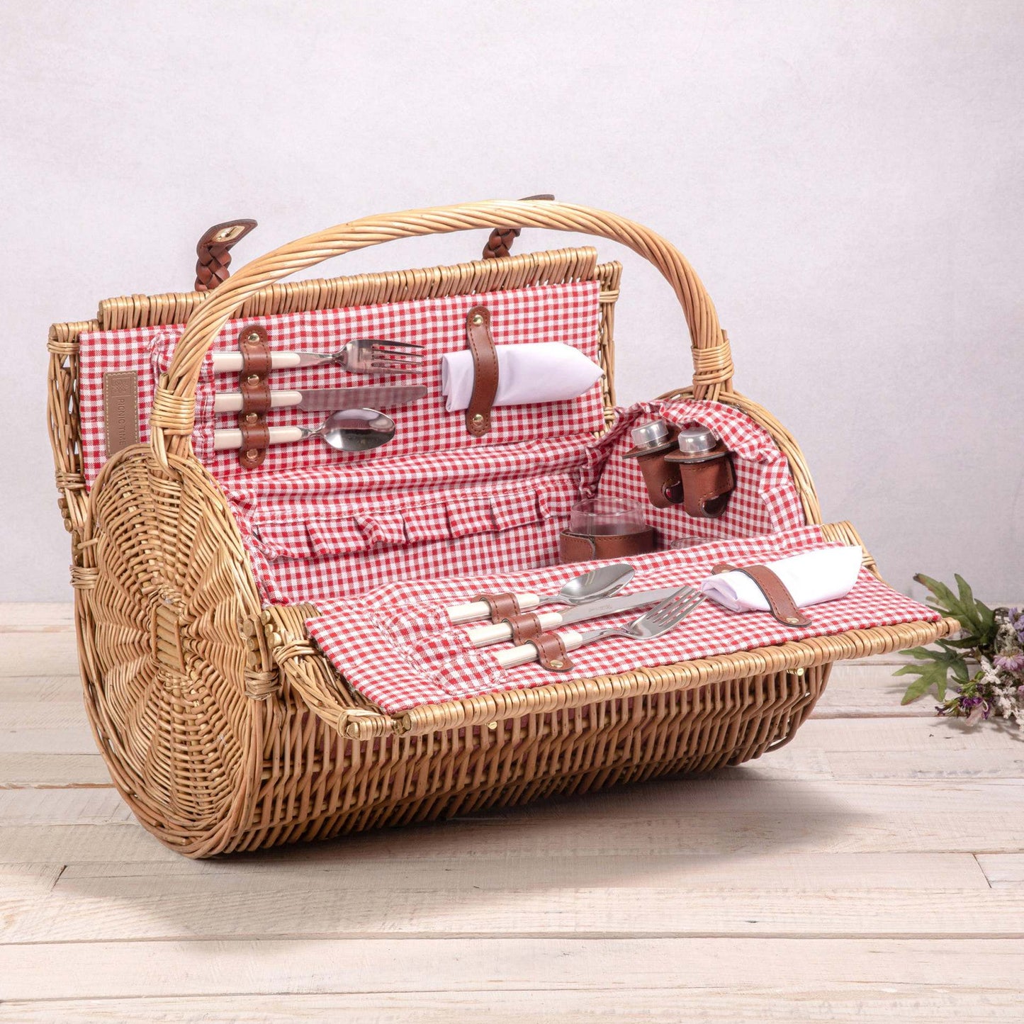 Damen Picknickkorb mit integriertem Geschirrset und stilvollem Gingham-Muster Karnz
