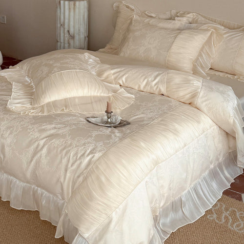 Luxuriöses Jacquard-Satin Bettwäsche-Set mit gepolstertem Chiffon-Rüschensaum & Oxford-Kissenbezügen