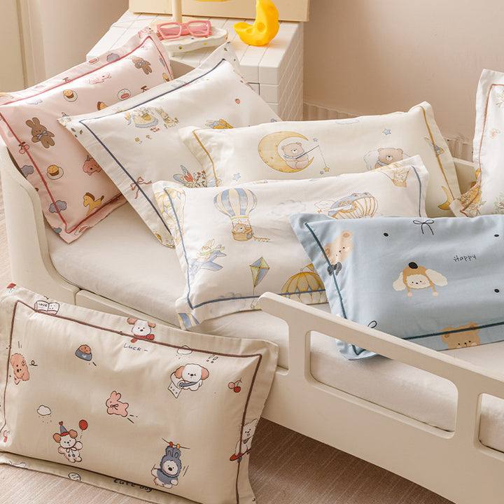 Kinder-Kissenbezug-Set aus weicher Baumwoll-Perkal mit niedlichem Tierprint und Zierpaspel