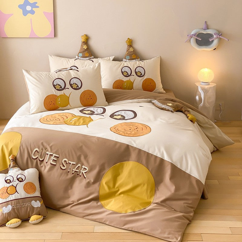 Kinder Cartoon Katze Baumwollsatin Bettbezug Set mit ohrförmigen Kissenbezügen und plüschigem Akzentkissen