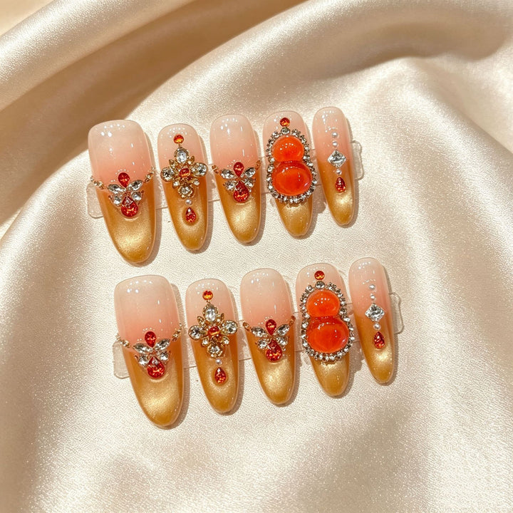 Elegantes dekoratives Press-On-Nagelkunst-Set mit Edelsteinakzenten