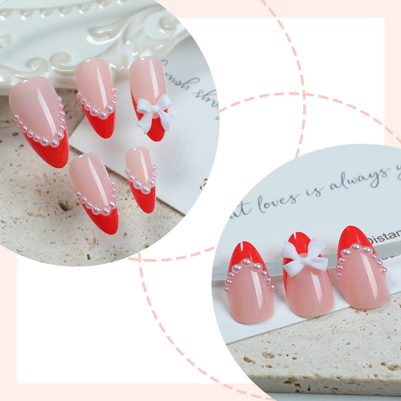 Elegantes Press-On-Nagelset mit Perlen- und Schleifenakzenten Karnz
