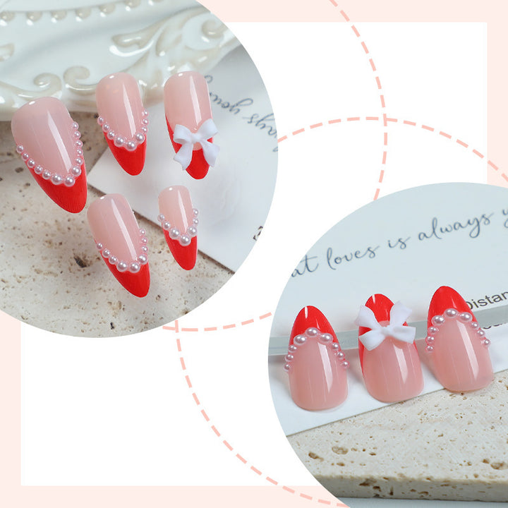 Elegantes Press-On-Nagelset mit Perlen- und Schleifenakzenten Karnz