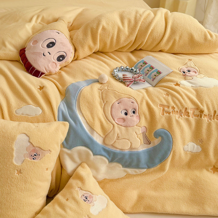 Plush Microfiber Embroidered Baby Moon Duvet Cover Set with Appliqué Pillow Shams