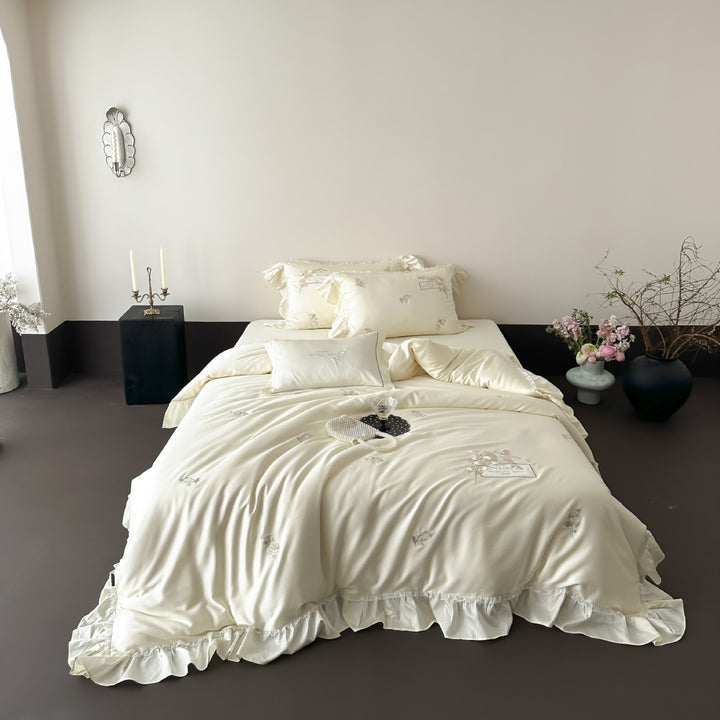 Luxuriöser Satin Bestickter Rüschengardine Bettwäsche Set